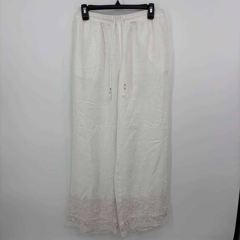 Cynthia Rowley 100% Linen White Wide Leg Pants Womens Large Lace Trim Beach
